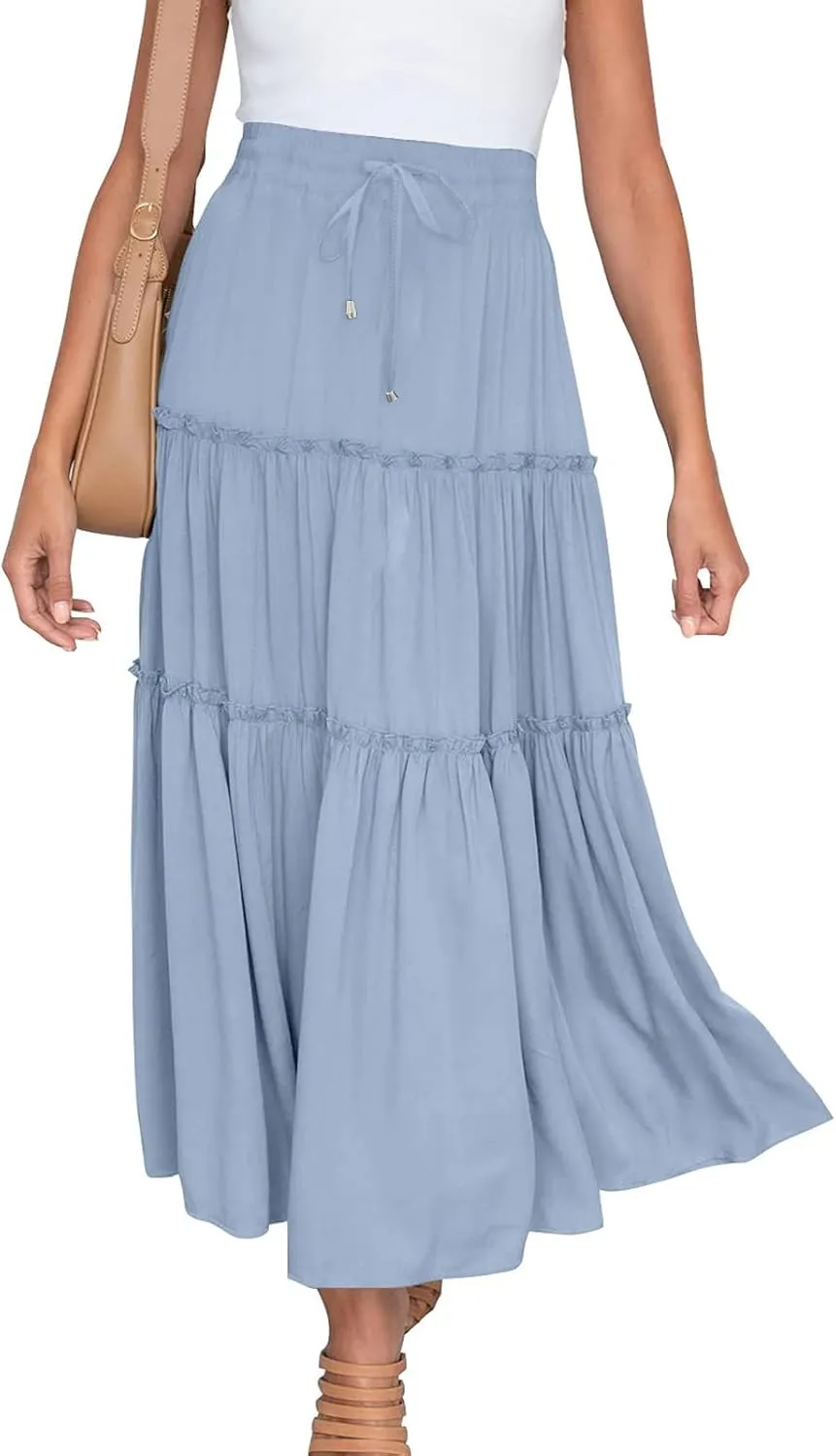 Women High Waist Midi Length Skirts A-Line Pleated Dressy Flowy Long Skirts Casual Ladies Business Skirts with Pockets