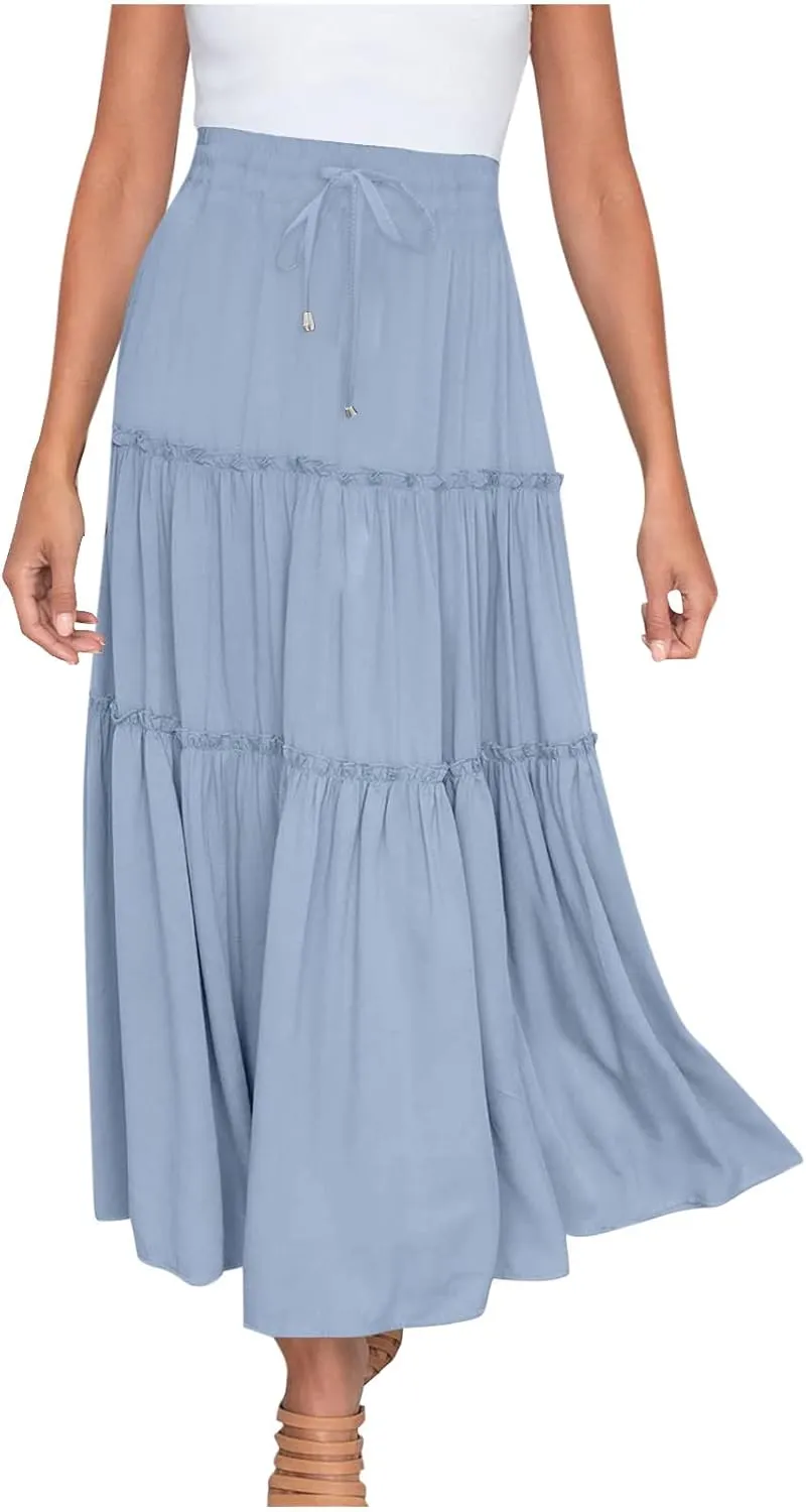 Women High Waist Midi Length Skirts A-Line Pleated Dressy Flowy Long Skirts Casual Ladies Business Skirts with Pockets