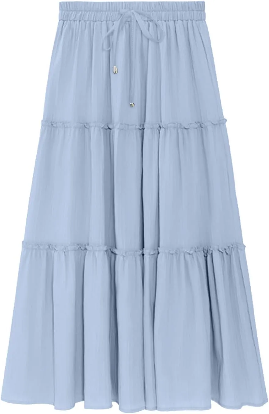 Women High Waist Midi Length Skirts A-Line Pleated Dressy Flowy Long Skirts Casual Ladies Business Skirts with Pockets