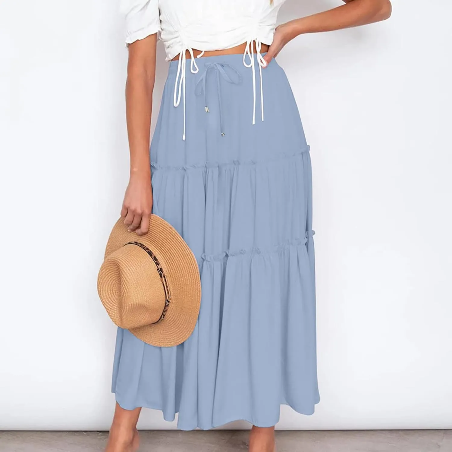 Women High Waist Midi Length Skirts A-Line Pleated Dressy Flowy Long Skirts Casual Ladies Business Skirts with Pockets