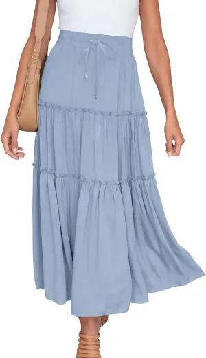 Women High Waist Midi Length Skirts A-Line Pleated Dressy Flowy Long Skirts Casual Ladies Business Skirts with Pockets
