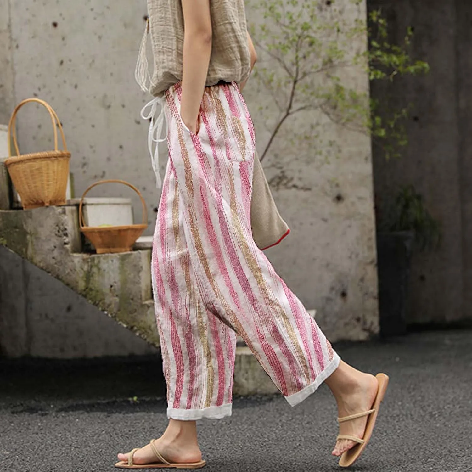 Women Linen Blend Summer Lightweigt Pant Trousers Elastic Waist Wide Leg Plus Size Pants Business Work