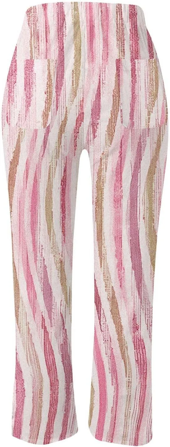 Women Linen Blend Summer Lightweigt Pant Trousers Elastic Waist Wide Leg Plus Size Pants Business Work
