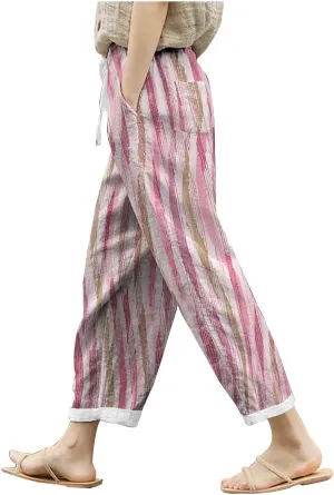 Women Linen Blend Summer Lightweigt Pant Trousers Elastic Waist Wide Leg Plus Size Pants Business Work
