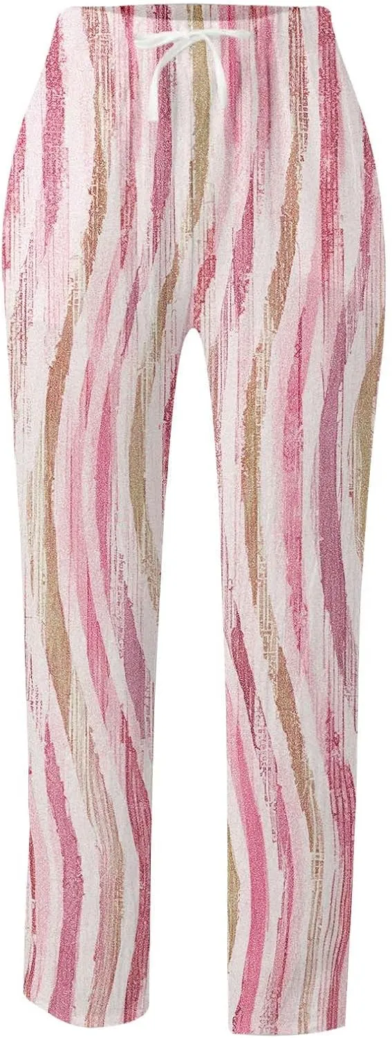 Women Linen Blend Summer Lightweigt Pant Trousers Elastic Waist Wide Leg Plus Size Pants Business Work
