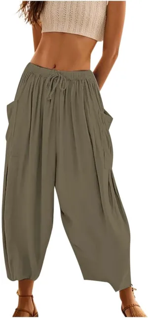 Women Linen Blend Summer Pull On Pants Low Waist Wide Leg Plus Size Palazzo Lounge Pants Vacation