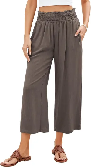 Women Linen Pants Boho Wide Leg High Waisted Pant Flowy Lounge Trousers Summer Beach Vacation Outfits with Pockets