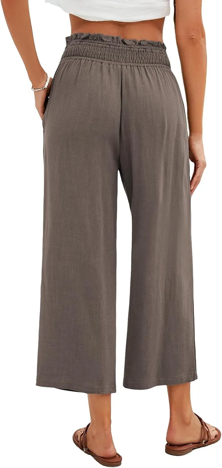 Women Linen Pants Boho Wide Leg High Waisted Pant Flowy Lounge Trousers Summer Beach Vacation Outfits with Pockets