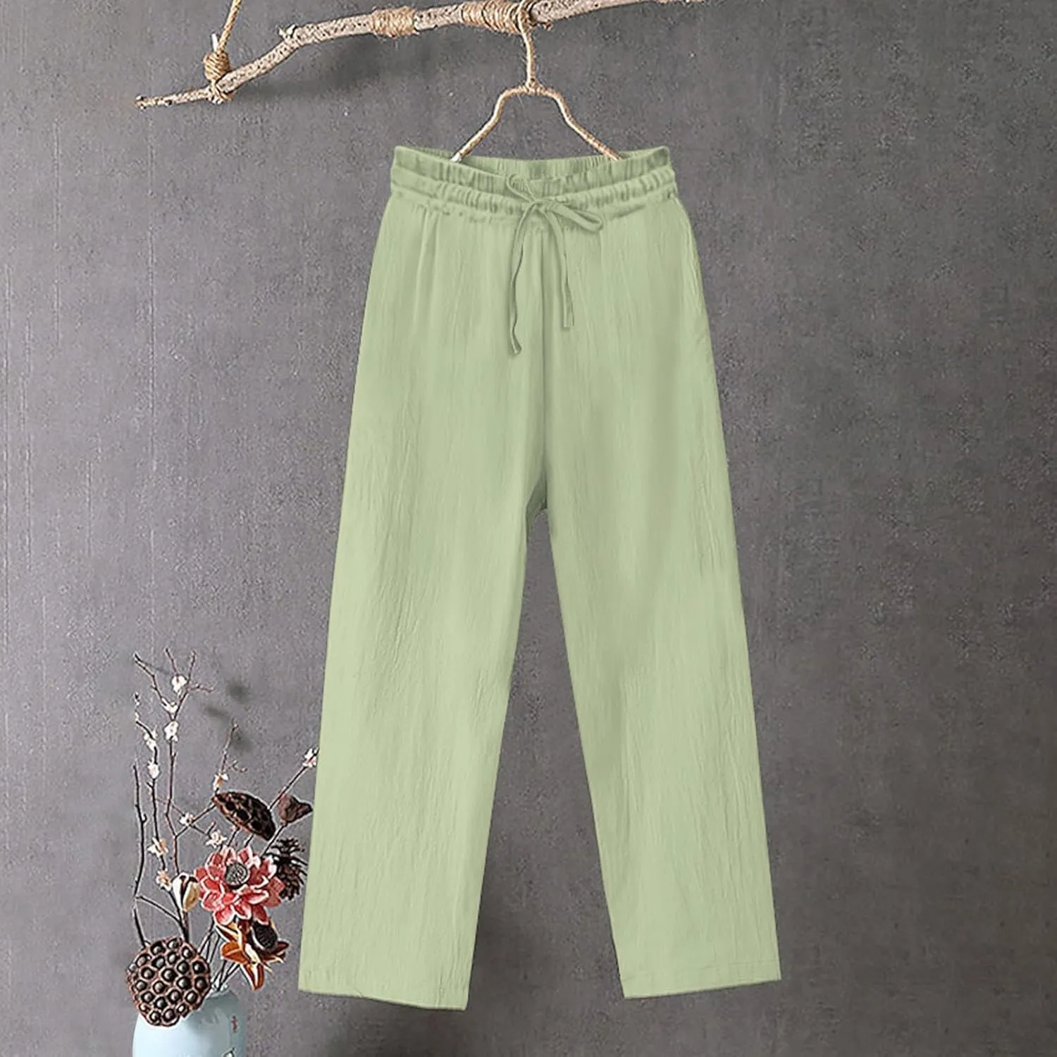 Women Linen Pants Summer Loose Fit Yoga Beach Gauze Pant Casual Lightweight Comfy Drawstring Baggy Trouser with Pocket