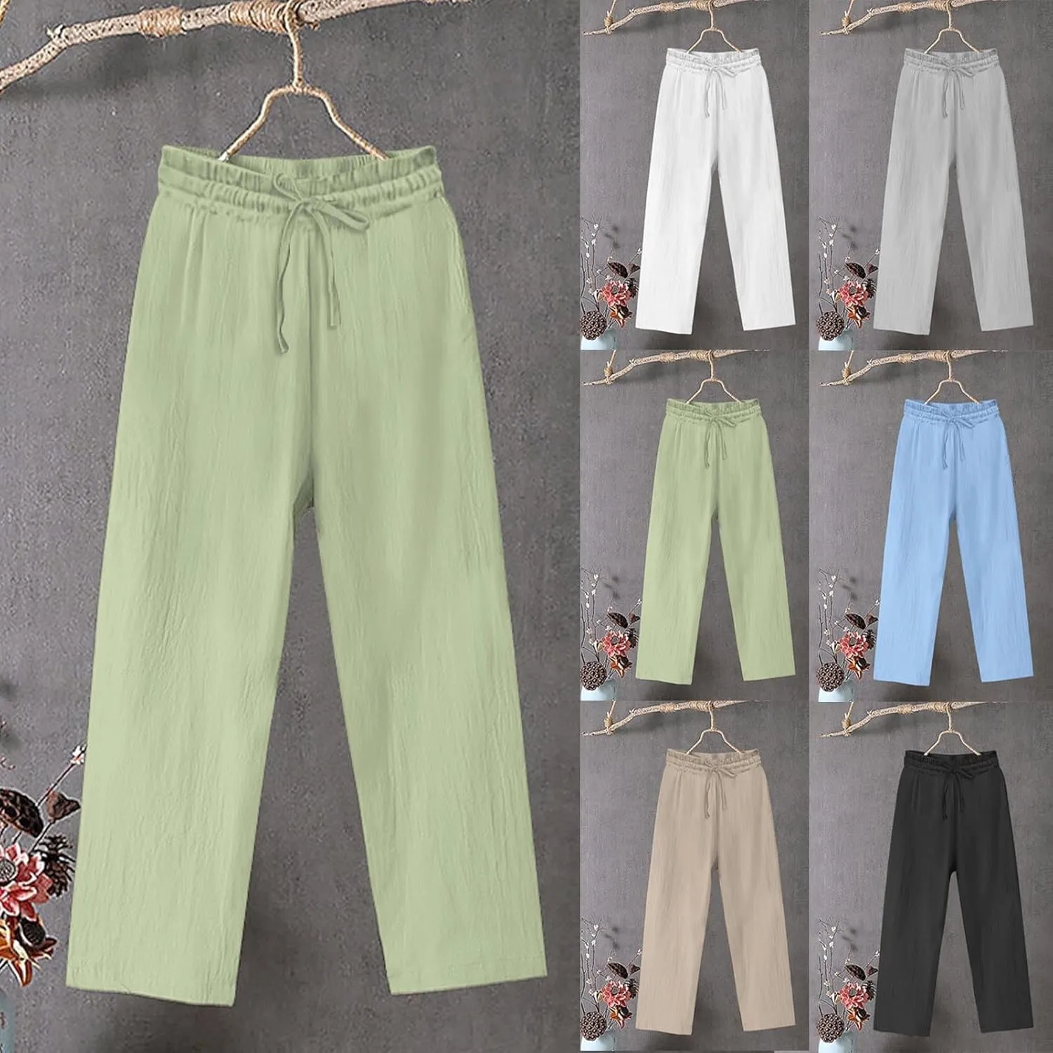 Women Linen Pants Summer Loose Fit Yoga Beach Gauze Pant Casual Lightweight Comfy Drawstring Baggy Trouser with Pocket
