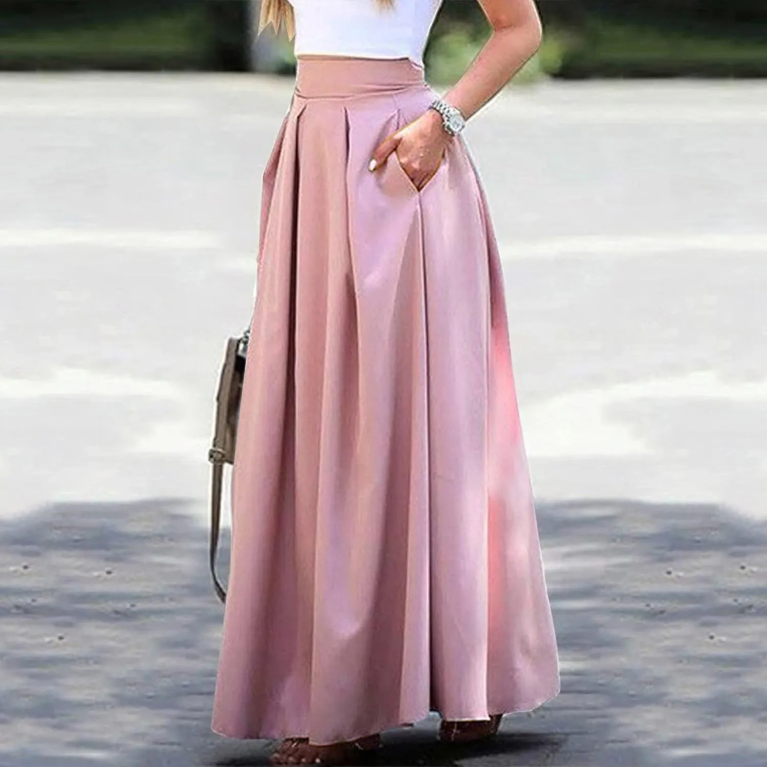 Women Midi Skirt Vintage Elastic High Waisted Pleated Skirt with Pockets A-Line Elegant Loose Business Work Midi Skirt