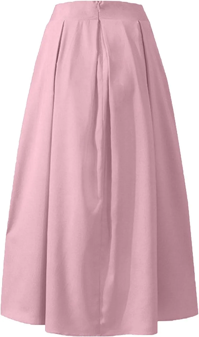 Women Midi Skirt Vintage Elastic High Waisted Pleated Skirt with Pockets A-Line Elegant Loose Business Work Midi Skirt