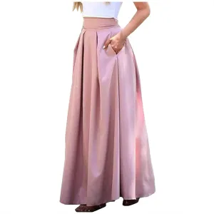Women Midi Skirt Vintage Elastic High Waisted Pleated Skirt with Pockets A-Line Elegant Loose Business Work Midi Skirt