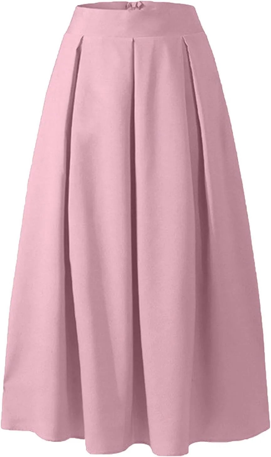 Women Midi Skirt Vintage Elastic High Waisted Pleated Skirt with Pockets A-Line Elegant Loose Business Work Midi Skirt