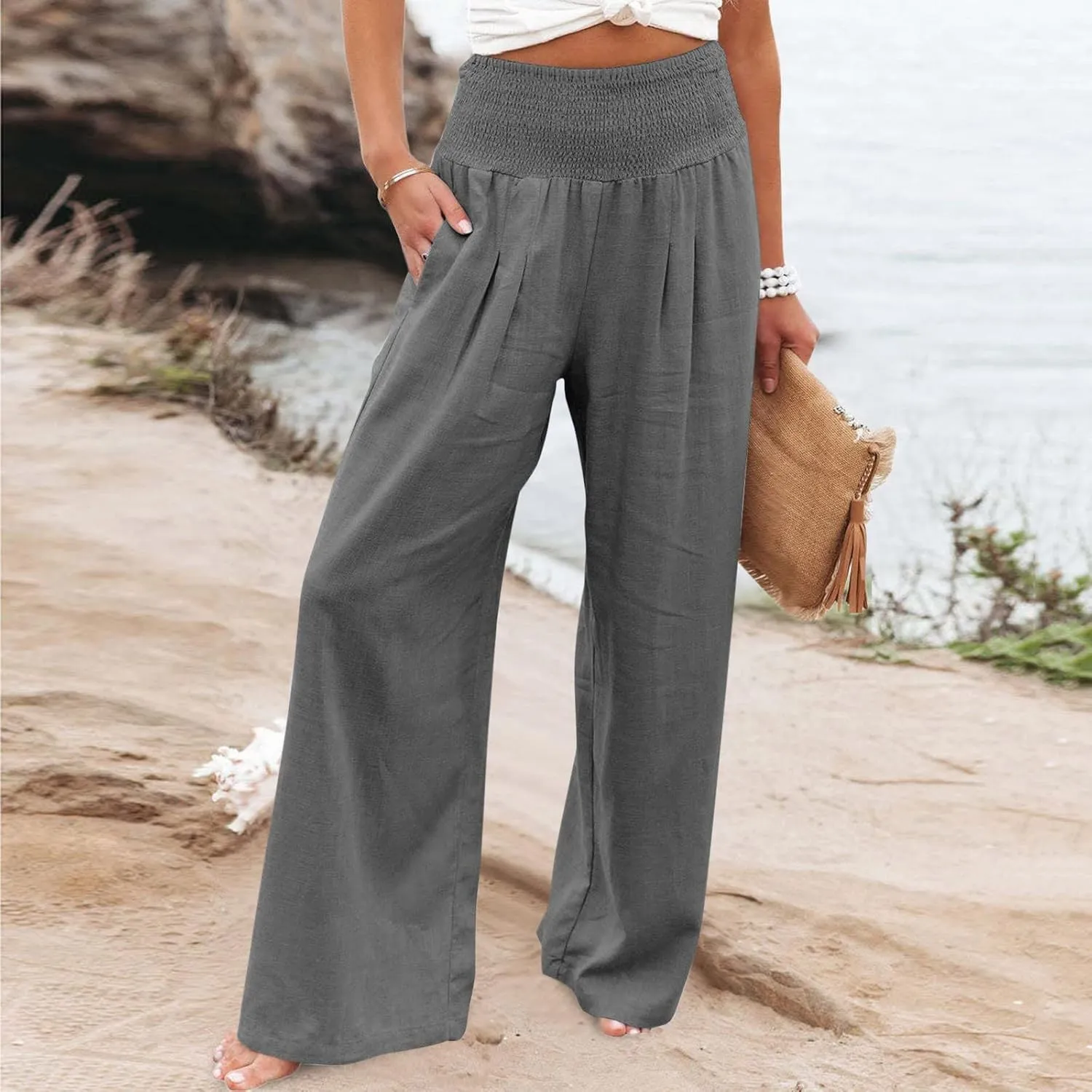 Women Palazzo High Waisted Linen Pants Casual Elastic Waist Wide Leg Pants Trousers Baggy Slacks with Pockets