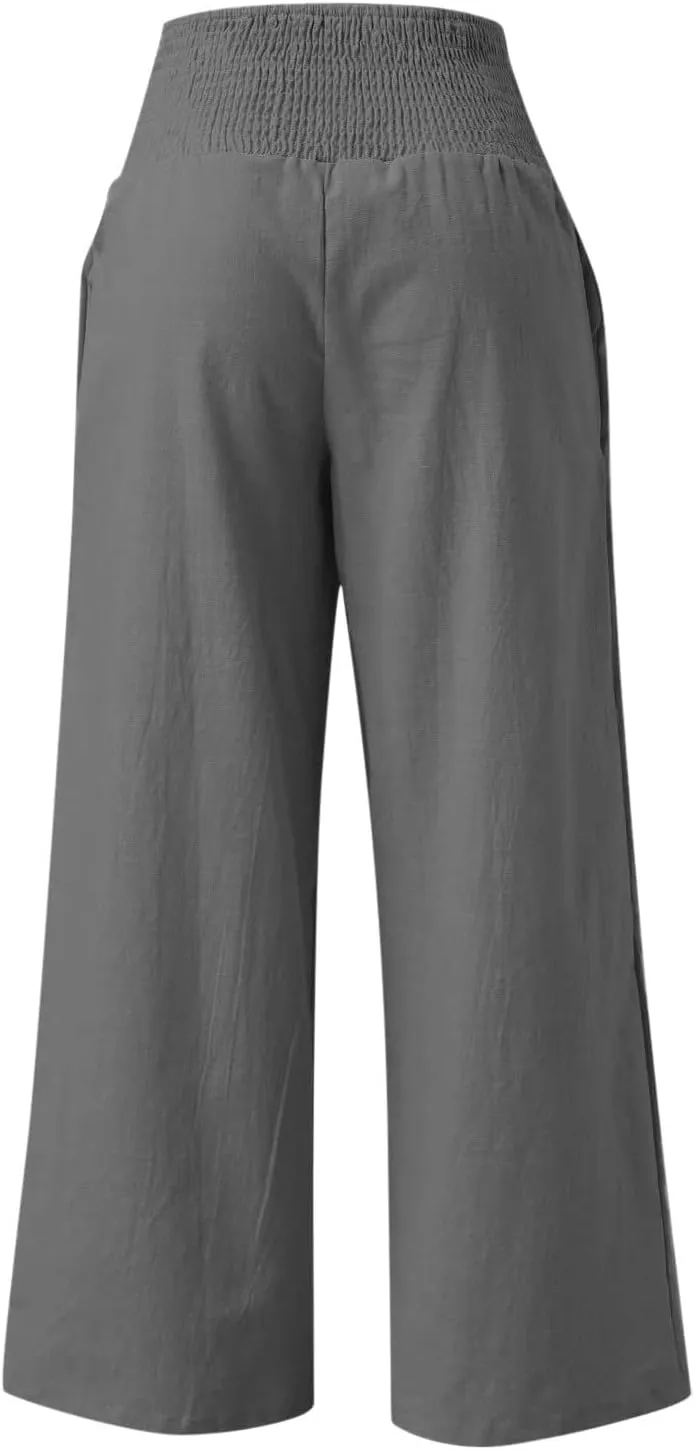 Women Palazzo High Waisted Linen Pants Casual Elastic Waist Wide Leg Pants Trousers Baggy Slacks with Pockets