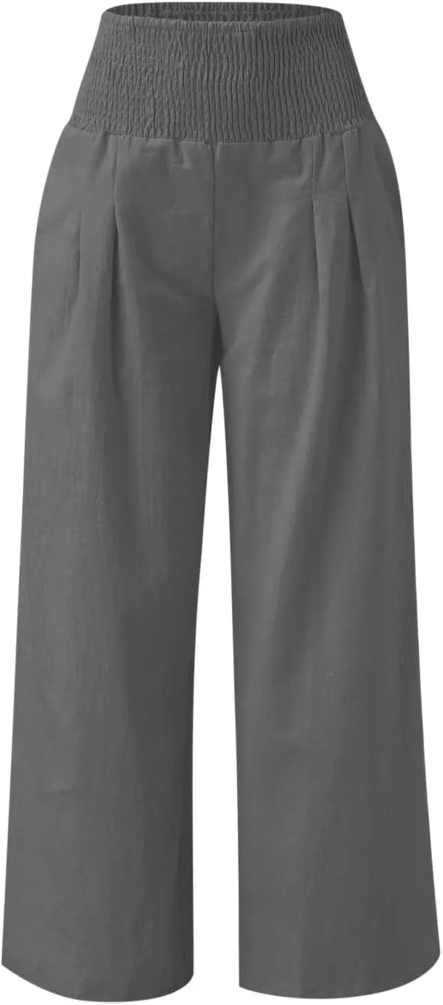 Women Palazzo High Waisted Linen Pants Casual Elastic Waist Wide Leg Pants Trousers Baggy Slacks with Pockets