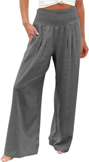 Women Palazzo High Waisted Linen Pants Casual Elastic Waist Wide Leg Pants Trousers Baggy Slacks with Pockets