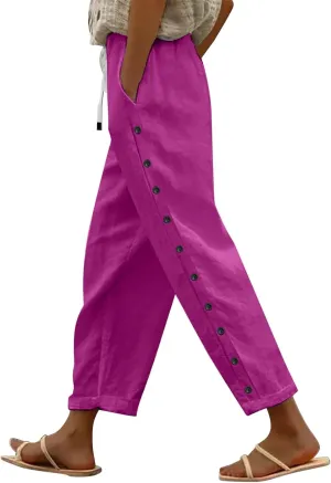 Women Solid Cotton Linen Straight Pants High Waisted Palazzo Trousers Casual Loose Elastic Wide Leg Pant for Summer Beach