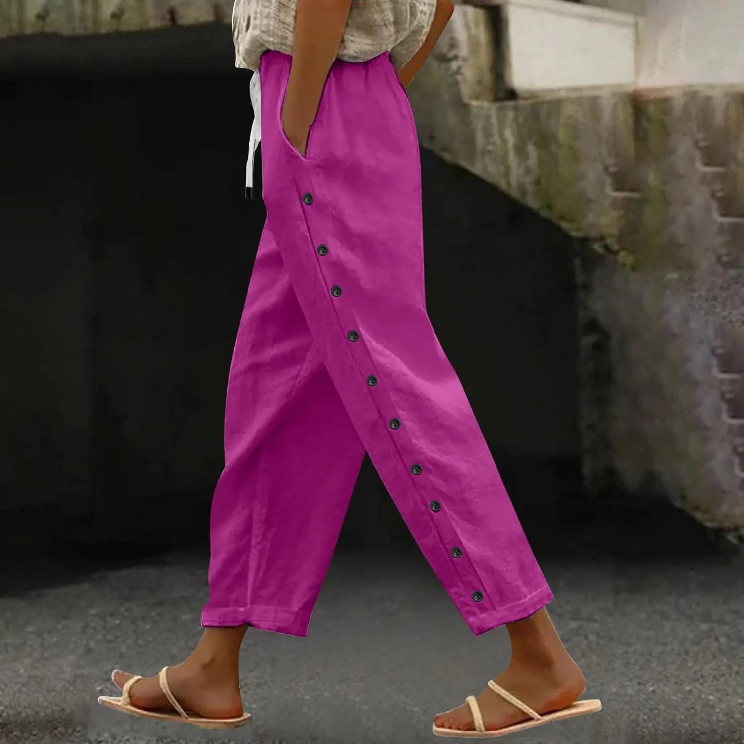 Women Solid Cotton Linen Straight Pants High Waisted Palazzo Trousers Casual Loose Elastic Wide Leg Pant for Summer Beach