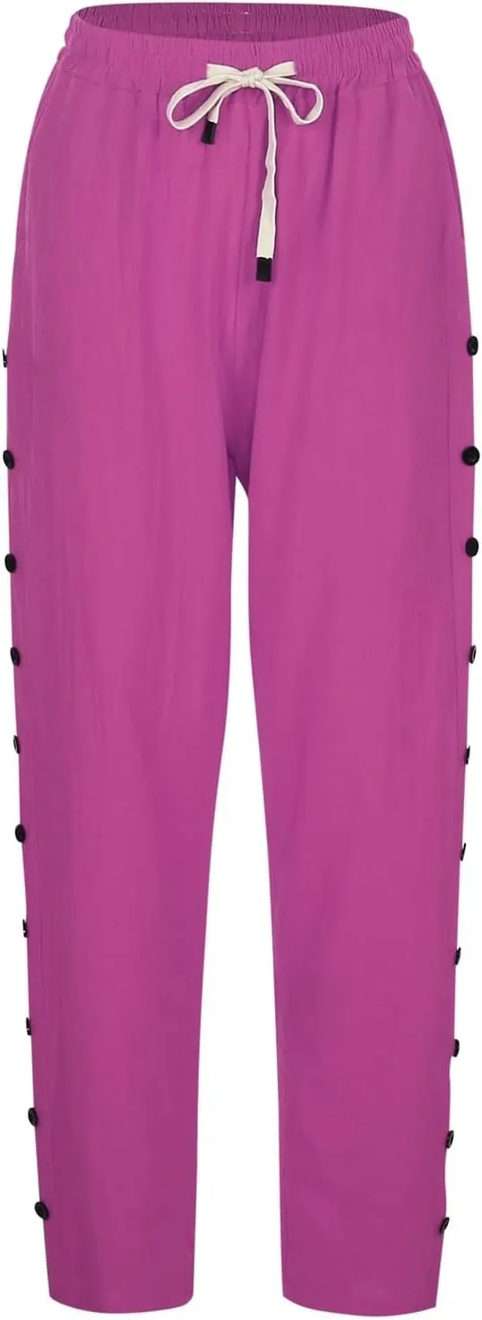 Women Solid Cotton Linen Straight Pants High Waisted Palazzo Trousers Casual Loose Elastic Wide Leg Pant for Summer Beach