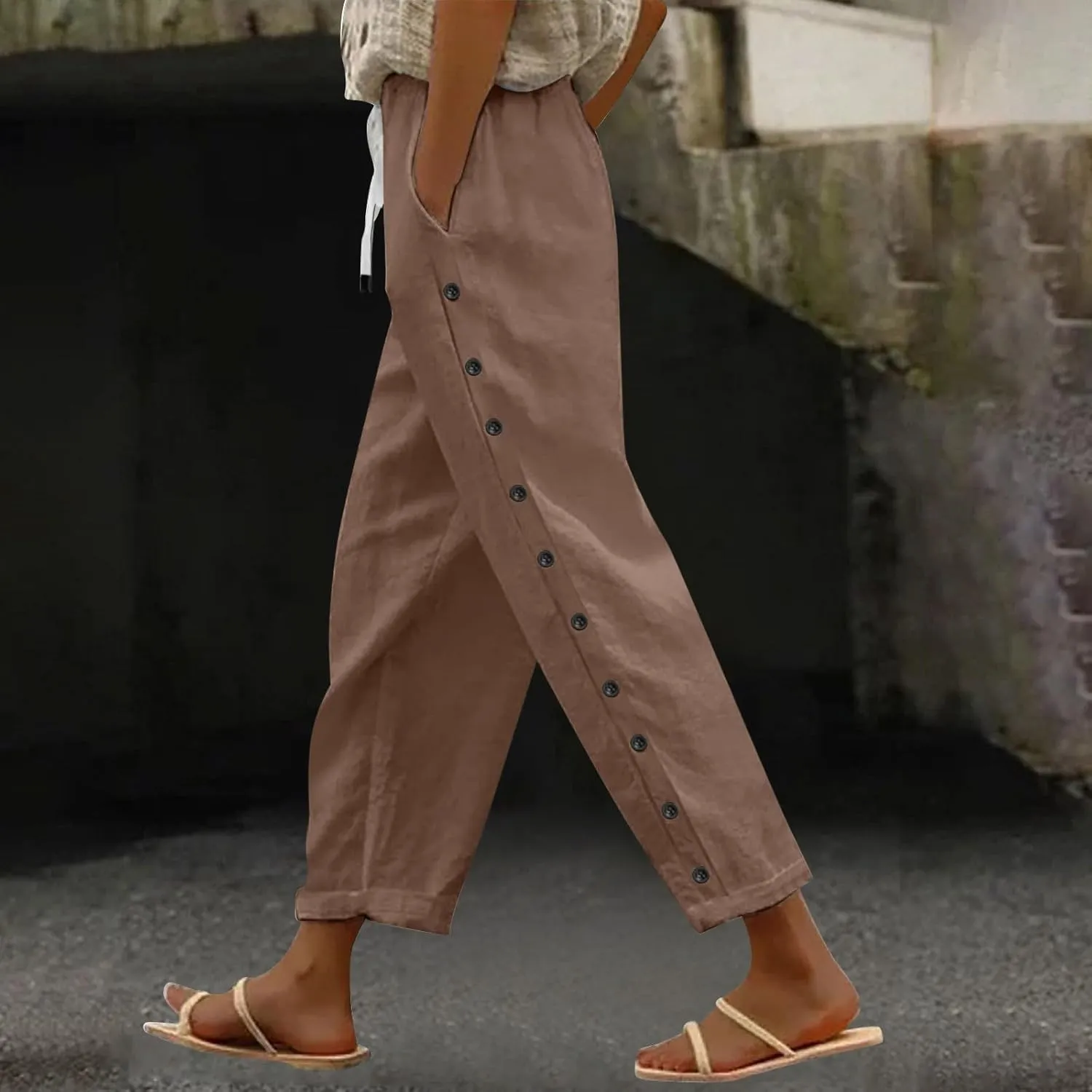 Women Solid Cotton Linen Straight Pants High Waisted Palazzo Trousers Casual Loose Elastic Wide Leg Pant for Summer Beach