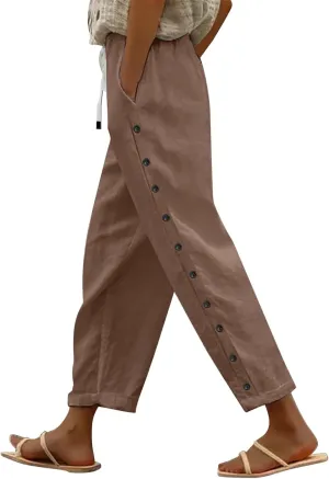 Women Solid Cotton Linen Straight Pants High Waisted Palazzo Trousers Casual Loose Elastic Wide Leg Pant for Summer Beach