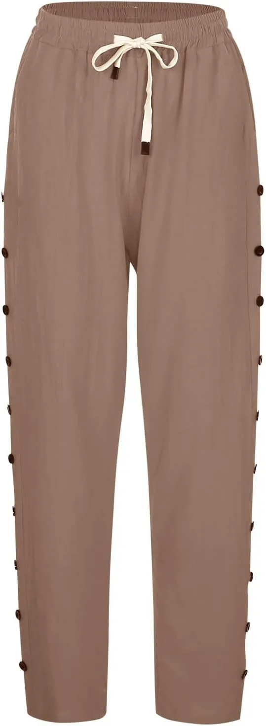 Women Solid Cotton Linen Straight Pants High Waisted Palazzo Trousers Casual Loose Elastic Wide Leg Pant for Summer Beach