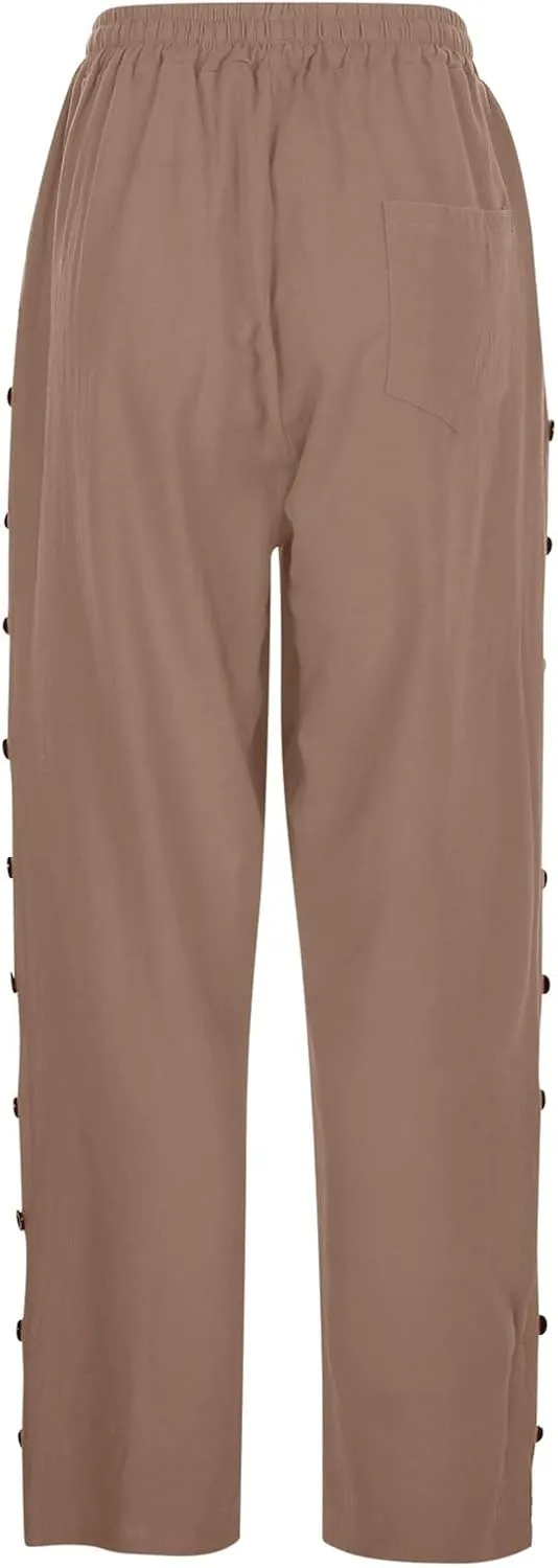 Women Solid Cotton Linen Straight Pants High Waisted Palazzo Trousers Casual Loose Elastic Wide Leg Pant for Summer Beach