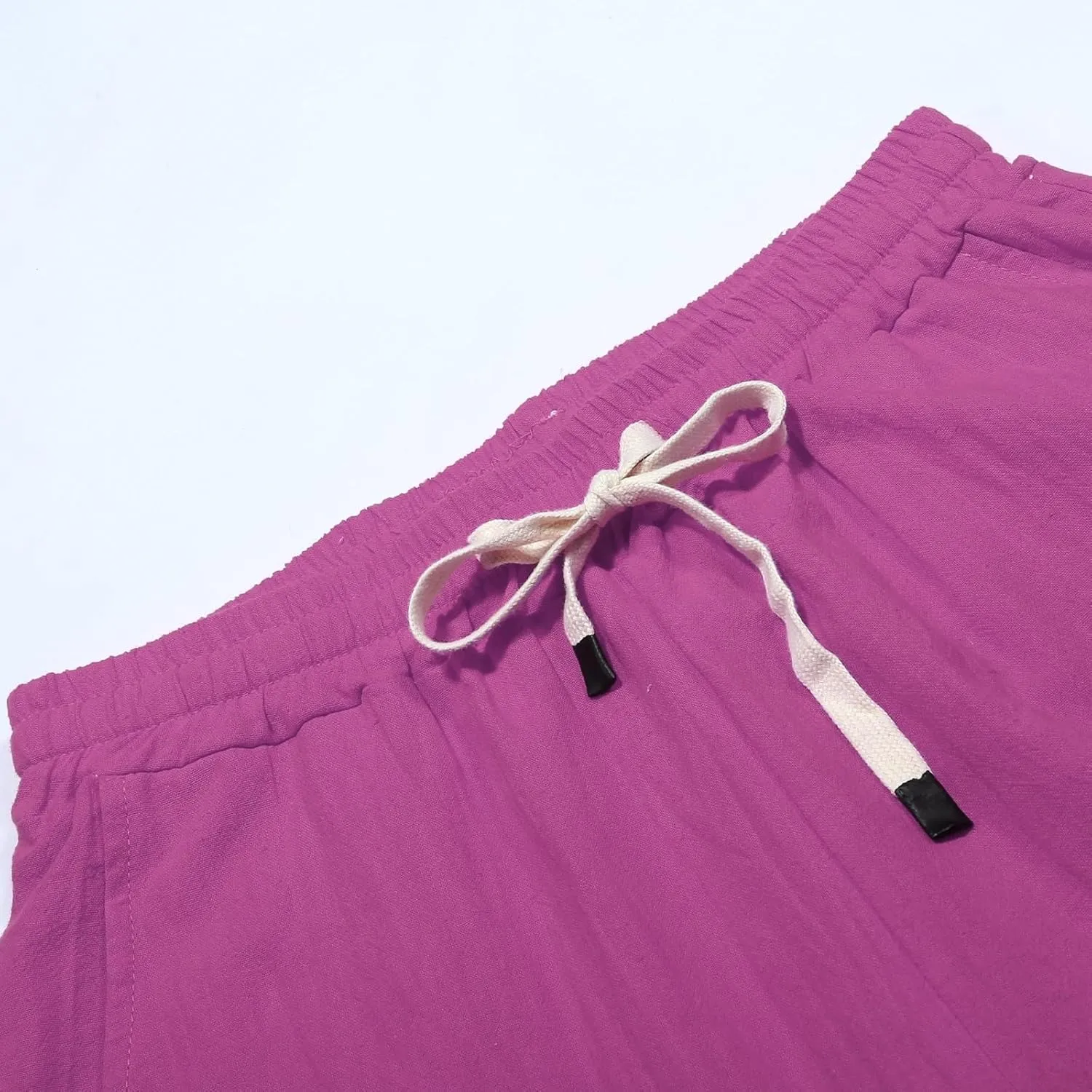Women Solid Cotton Linen Straight Pants High Waisted Palazzo Trousers Casual Loose Elastic Wide Leg Pant for Summer Beach