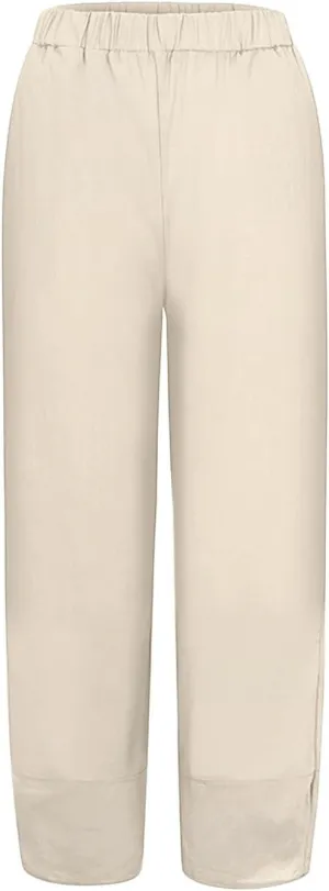 Women Summer Casual Capris Linen Cotton Pants Brethable Wide Leg Elastic Waist Baggy Palazzo Cropped Trousers with Pockets