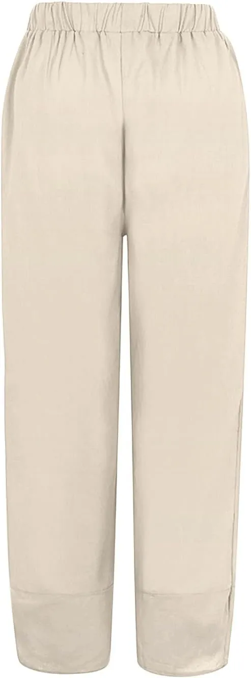 Women Summer Casual Capris Linen Cotton Pants Brethable Wide Leg Elastic Waist Baggy Palazzo Cropped Trousers with Pockets