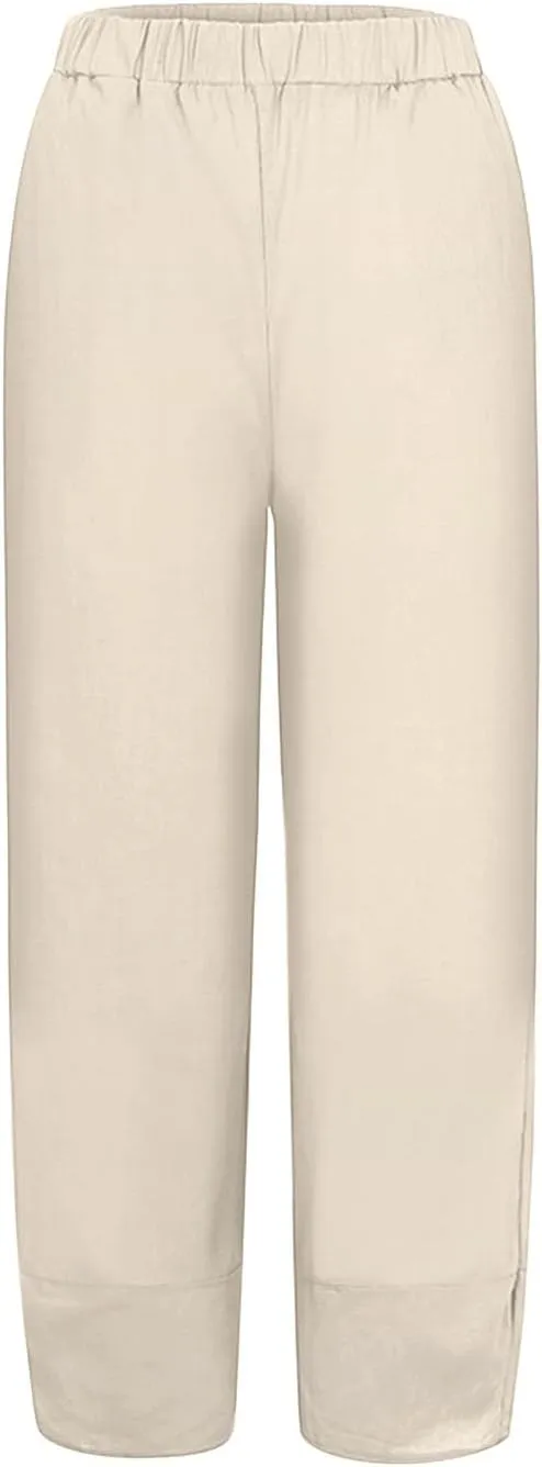 Women Summer Casual Capris Linen Cotton Pants Brethable Wide Leg Elastic Waist Baggy Palazzo Cropped Trousers with Pockets