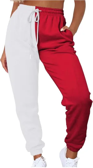 Women Sweatpant Casual Color Block Patchwork Trouser Elastic High Waist Drawstring Joggers Baggy Pants with Pockets