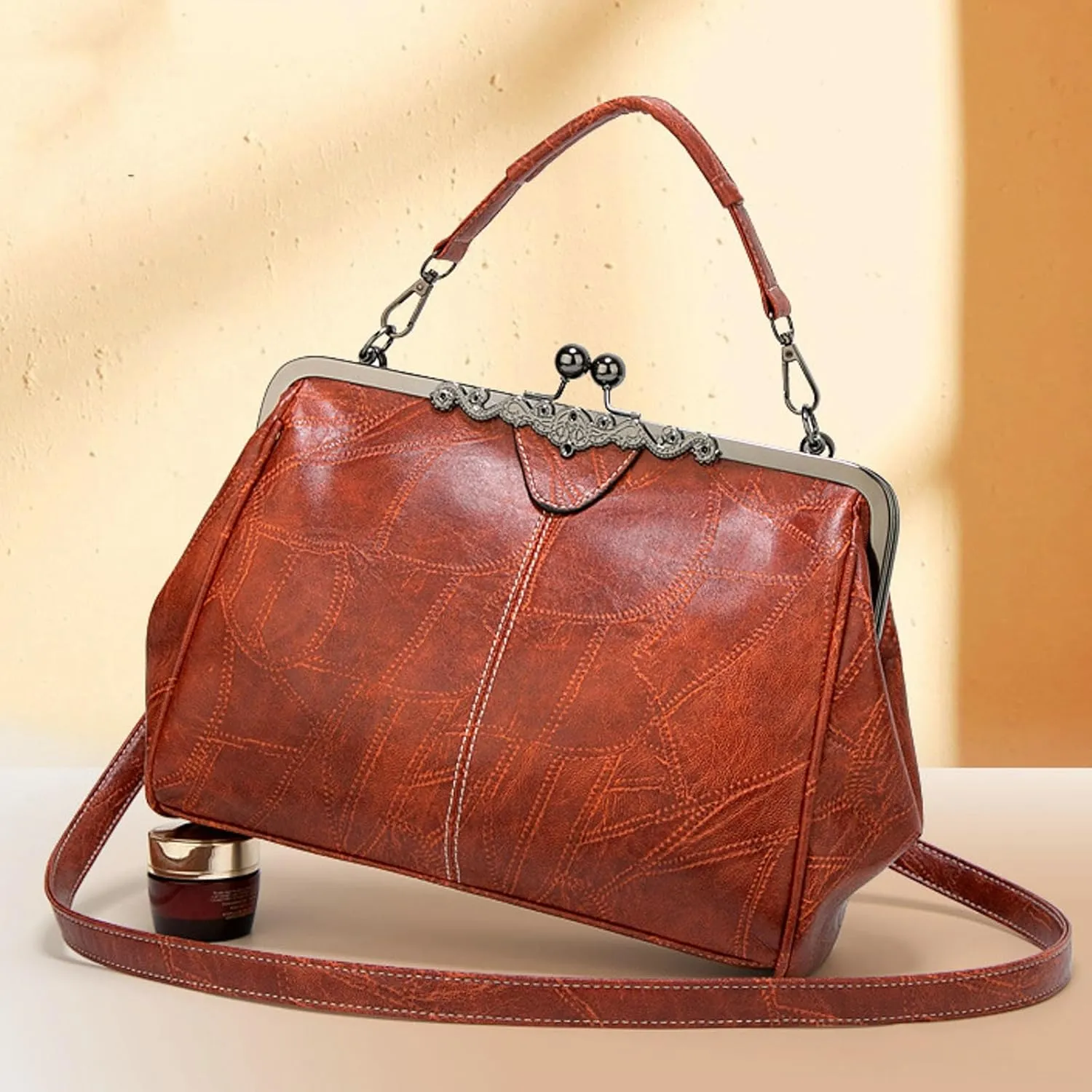 Women Vintage Crossbody Bag Top Handle Kiss Lock Handbag Retro Daily Purse PU Leather Tote Women Satchel Messenger Bag