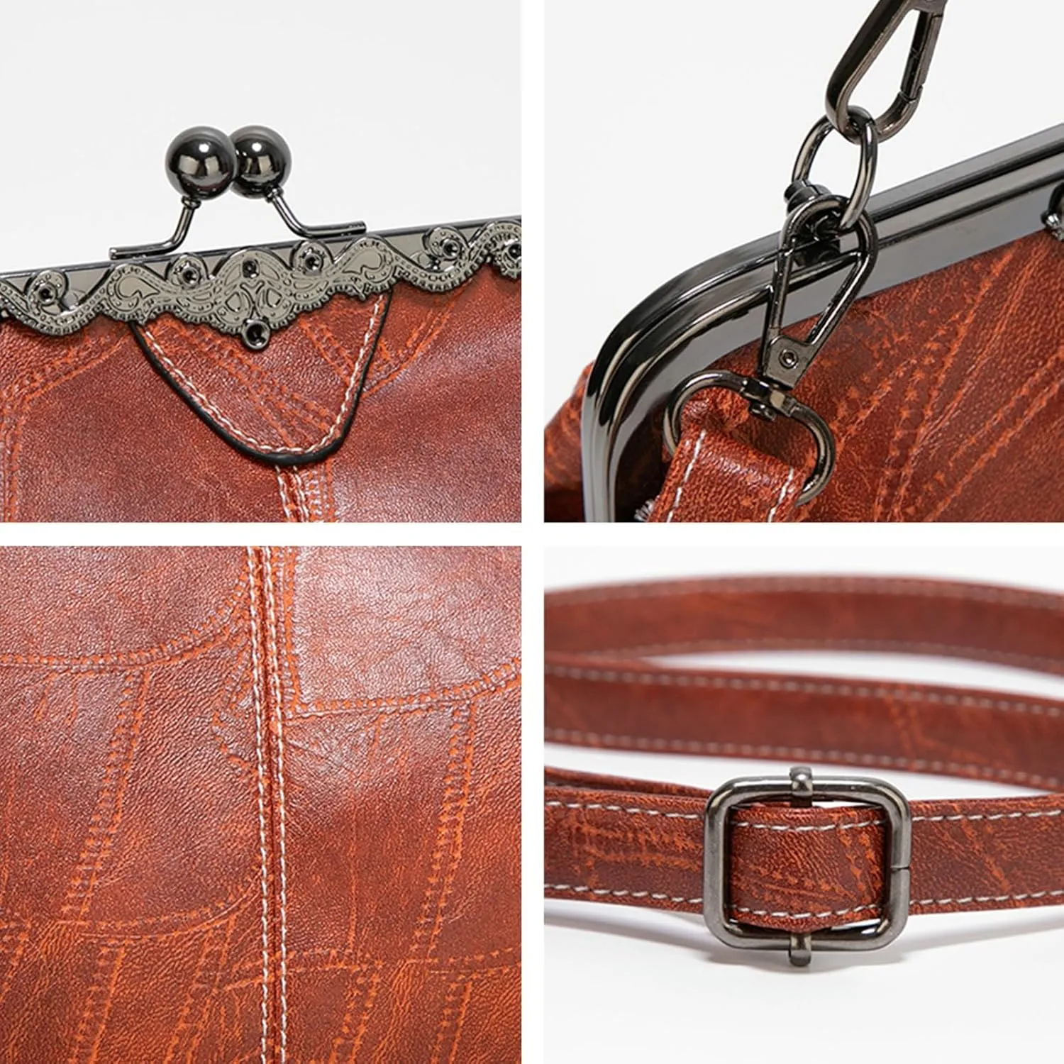 Women Vintage Crossbody Bag Top Handle Kiss Lock Handbag Retro Daily Purse PU Leather Tote Women Satchel Messenger Bag