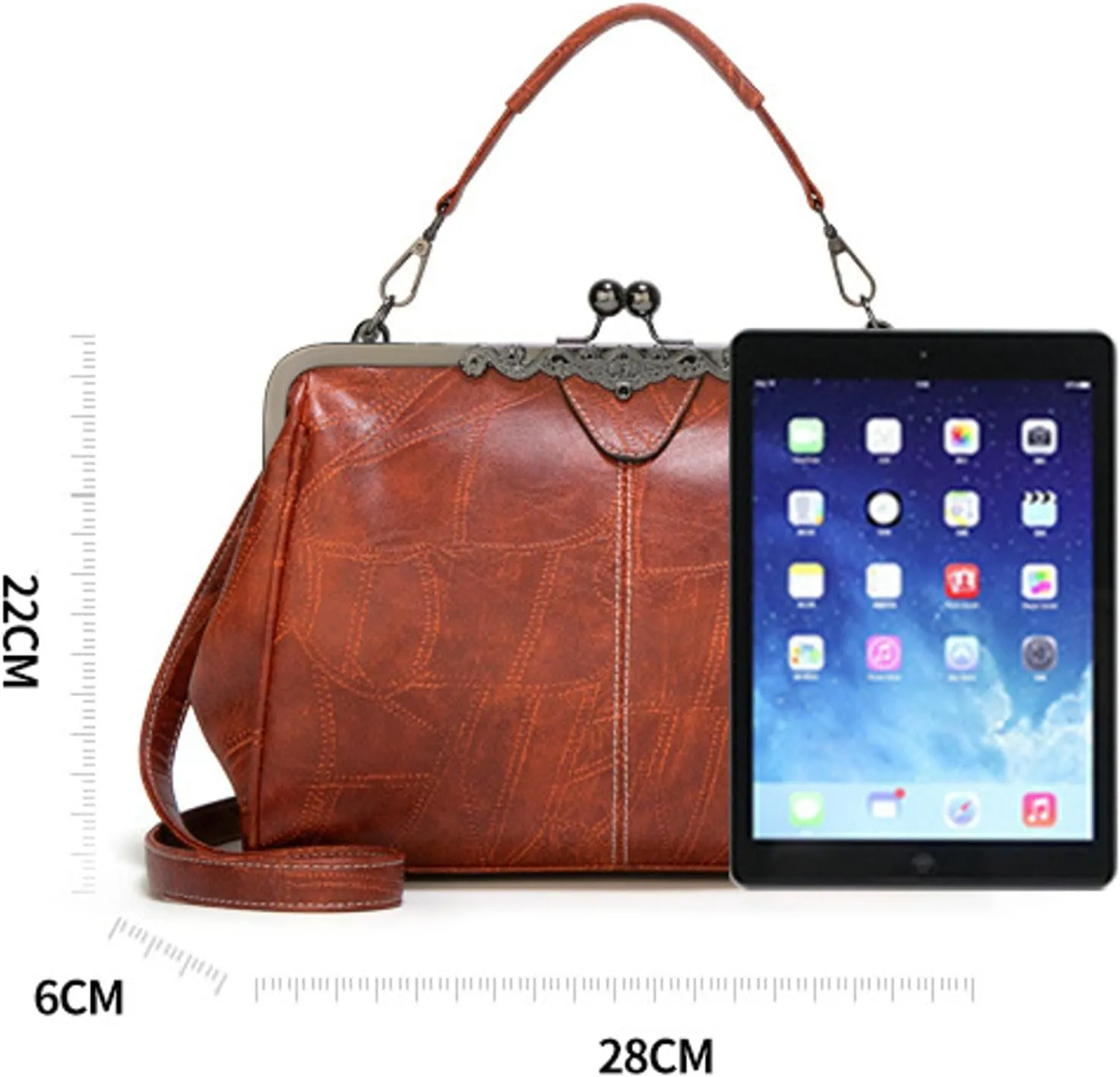 Women Vintage Crossbody Bag Top Handle Kiss Lock Handbag Retro Daily Purse PU Leather Tote Women Satchel Messenger Bag