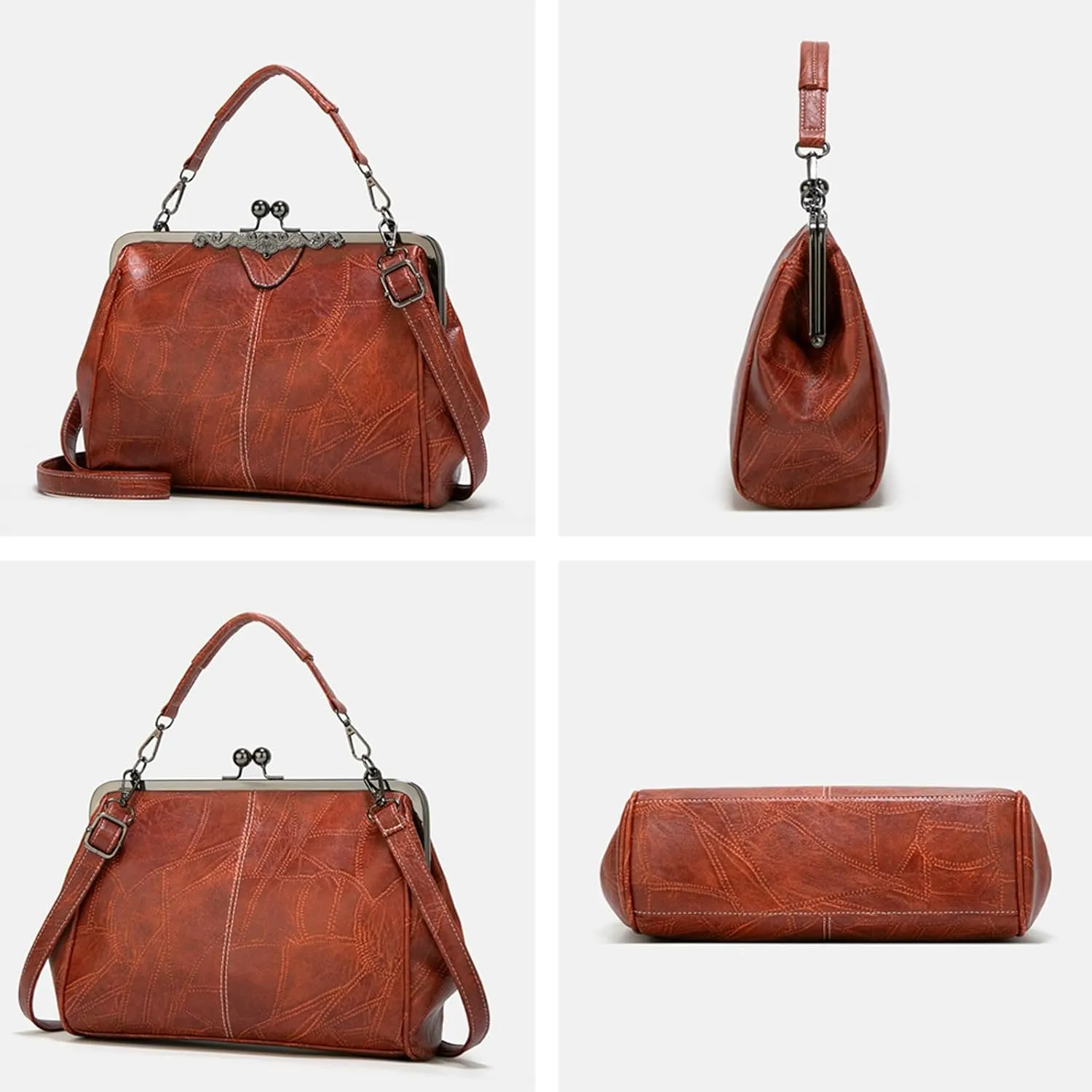 Women Vintage Crossbody Bag Top Handle Kiss Lock Handbag Retro Daily Purse PU Leather Tote Women Satchel Messenger Bag