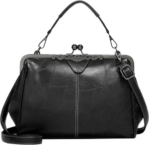 Women Vintage Crossbody Bag Top Handle Kiss Lock Handbag Retro Daily Purse PU Leather Tote Women Satchel Messenger Bag