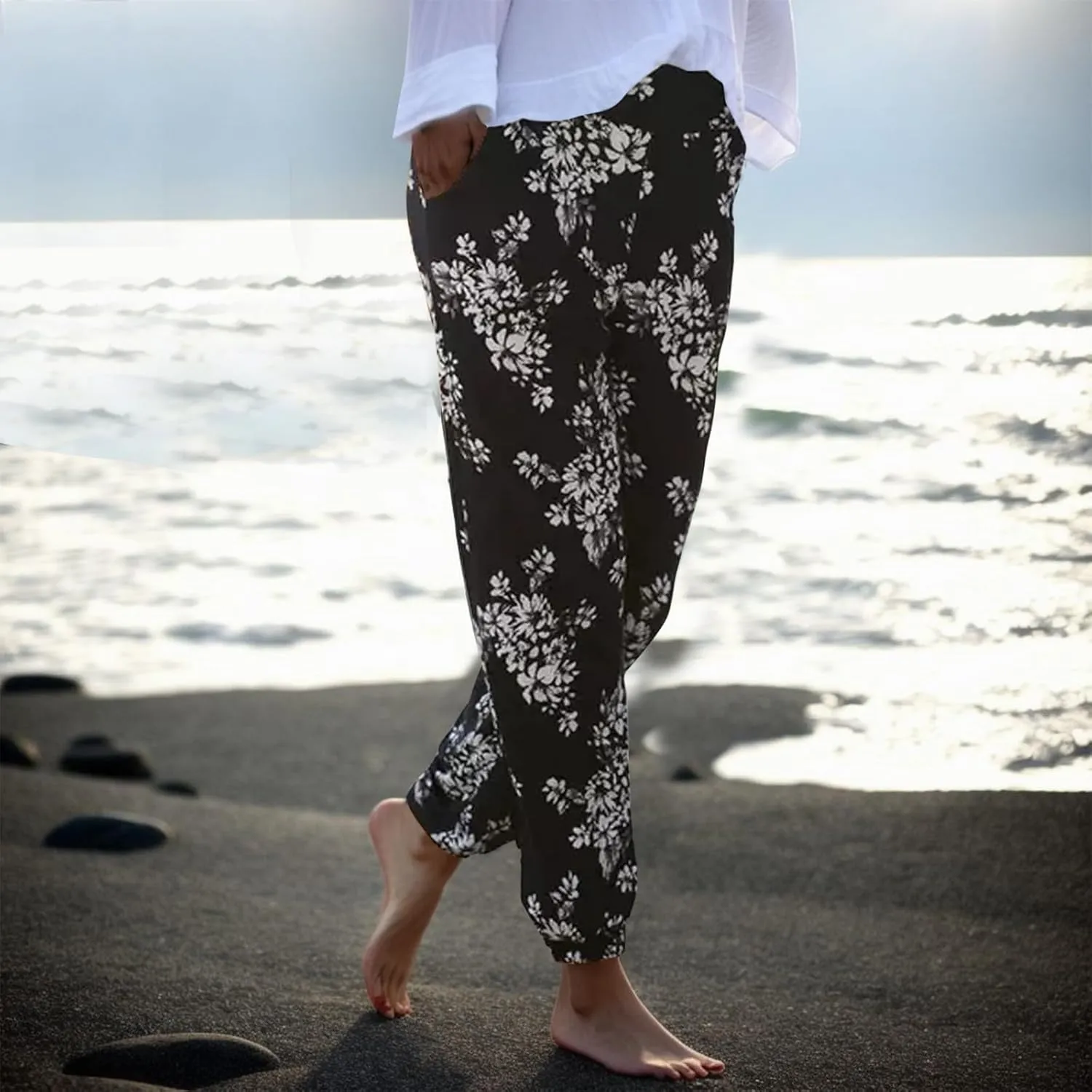 Women Wide Leg High Waist Drawstring Palazzo Pants Casual Summer Flowy Boho Beach Harem Slacks Printed Linen Trousers