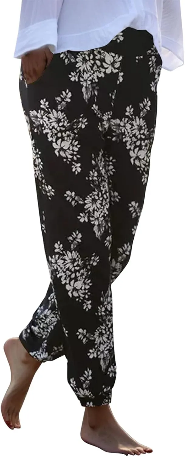 Women Wide Leg High Waist Drawstring Palazzo Pants Casual Summer Flowy Boho Beach Harem Slacks Printed Linen Trousers
