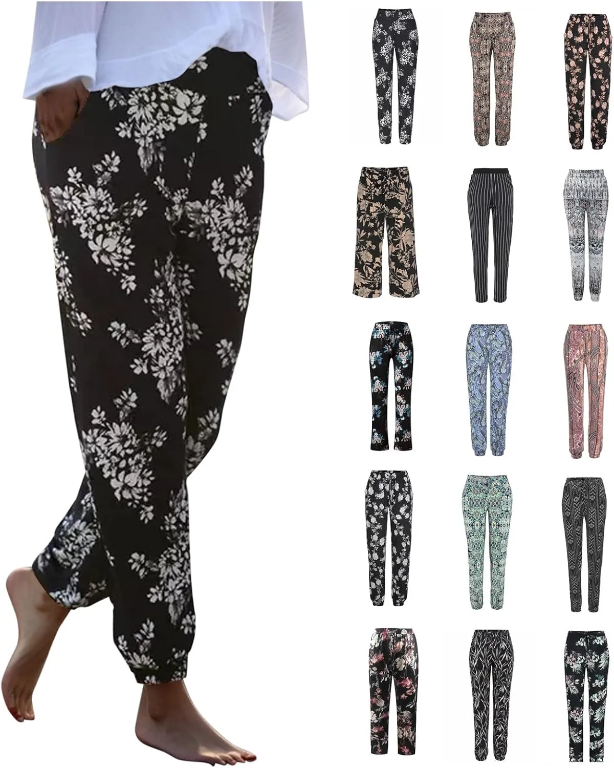 Women Wide Leg High Waist Drawstring Palazzo Pants Casual Summer Flowy Boho Beach Harem Slacks Printed Linen Trousers