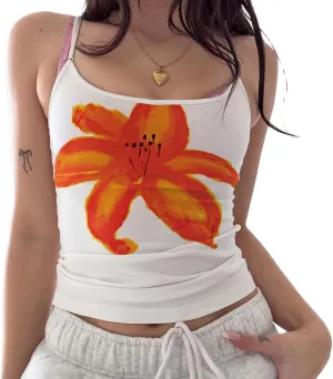 Women Y2k Floral Print Cami Tank Graphic Slim Fitted Sleeveless Camisole Vintage Fairy Aesthetic Going Out Tops