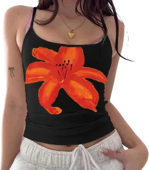 Women Y2k Floral Print Cami Tank Graphic Slim Fitted Sleeveless Camisole Vintage Fairy Aesthetic Going Out Tops