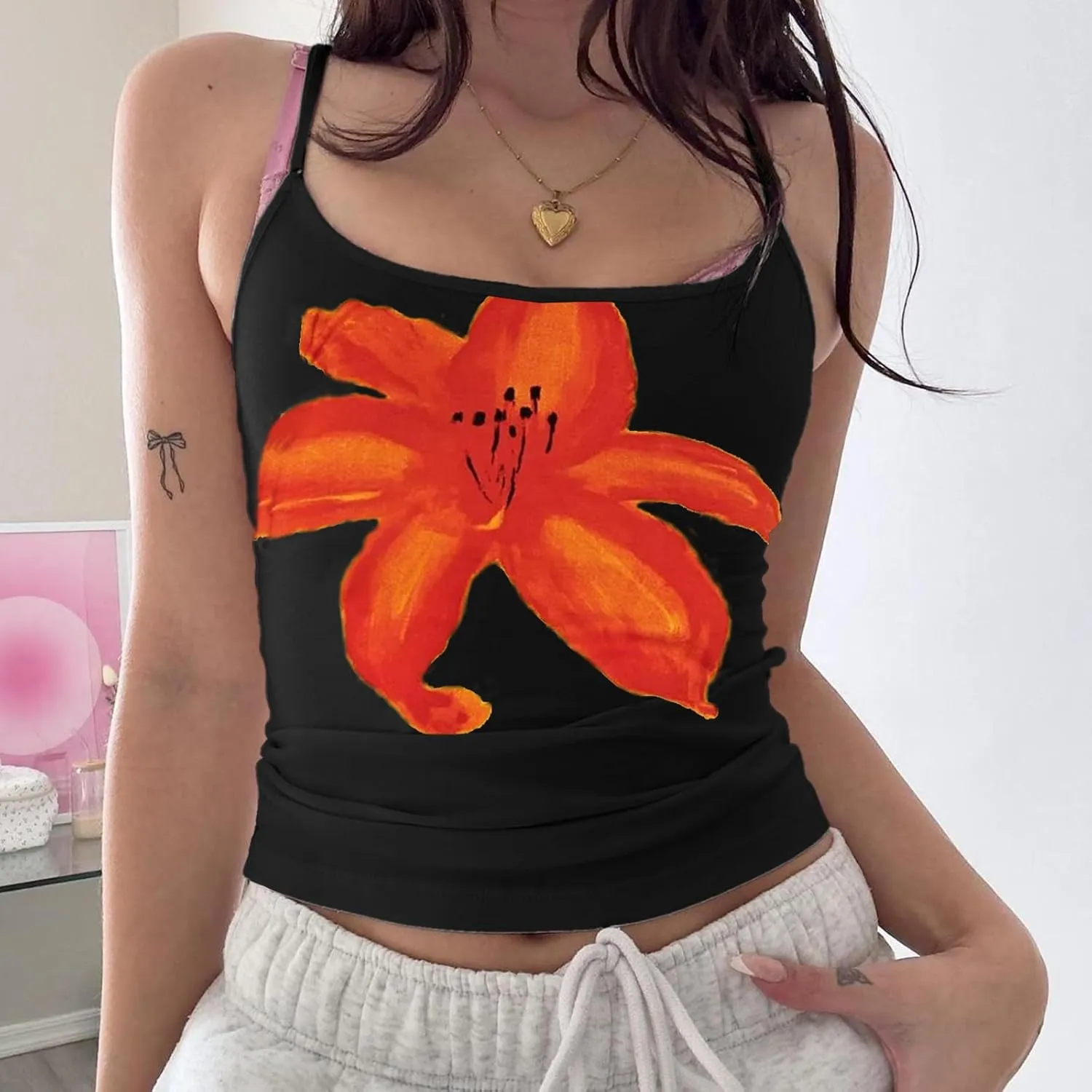 Women Y2k Floral Print Cami Tank Graphic Slim Fitted Sleeveless Camisole Vintage Fairy Aesthetic Going Out Tops