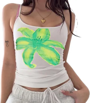 Women Y2k Floral Print Cami Tank Top Scoop Neck Spaghetti Strap Camisole Slim Fit Crop Vintage Going Out Streetwear