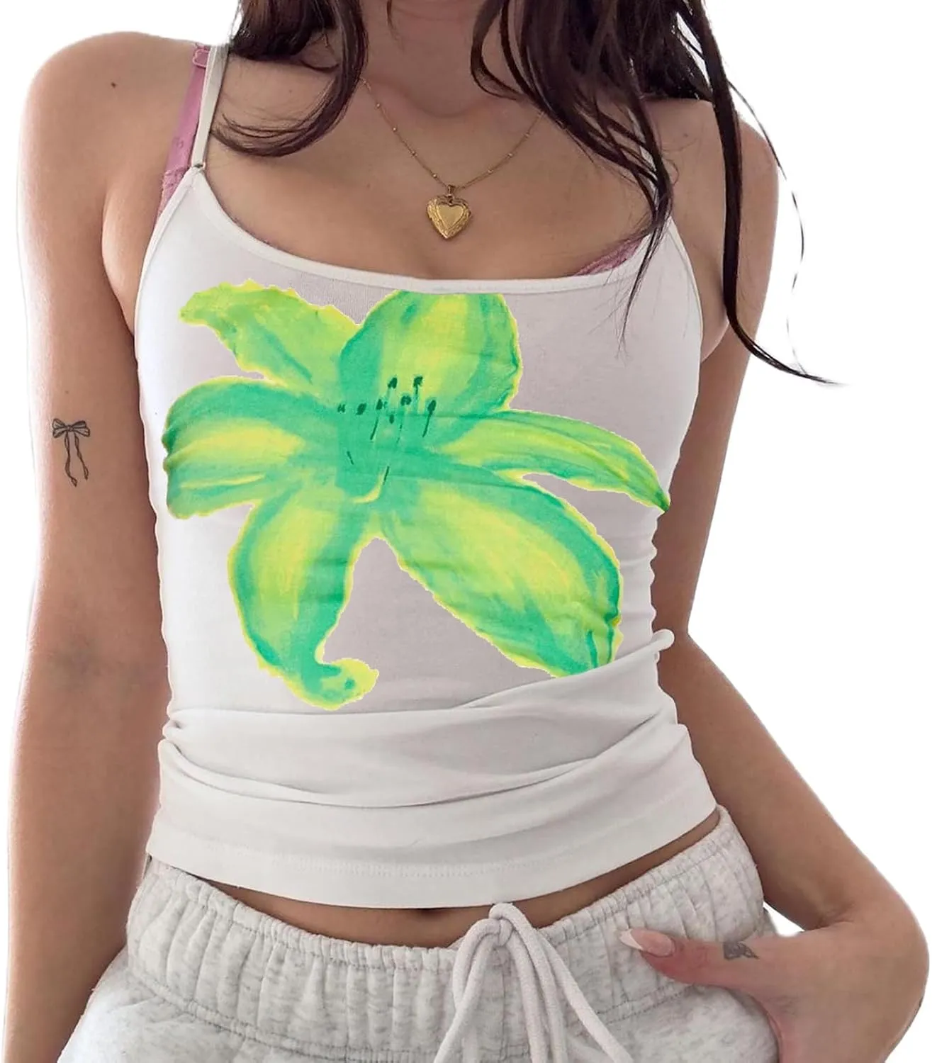 Women Y2k Floral Print Cami Tank Top Scoop Neck Spaghetti Strap Camisole Slim Fit Crop Vintage Going Out Streetwear