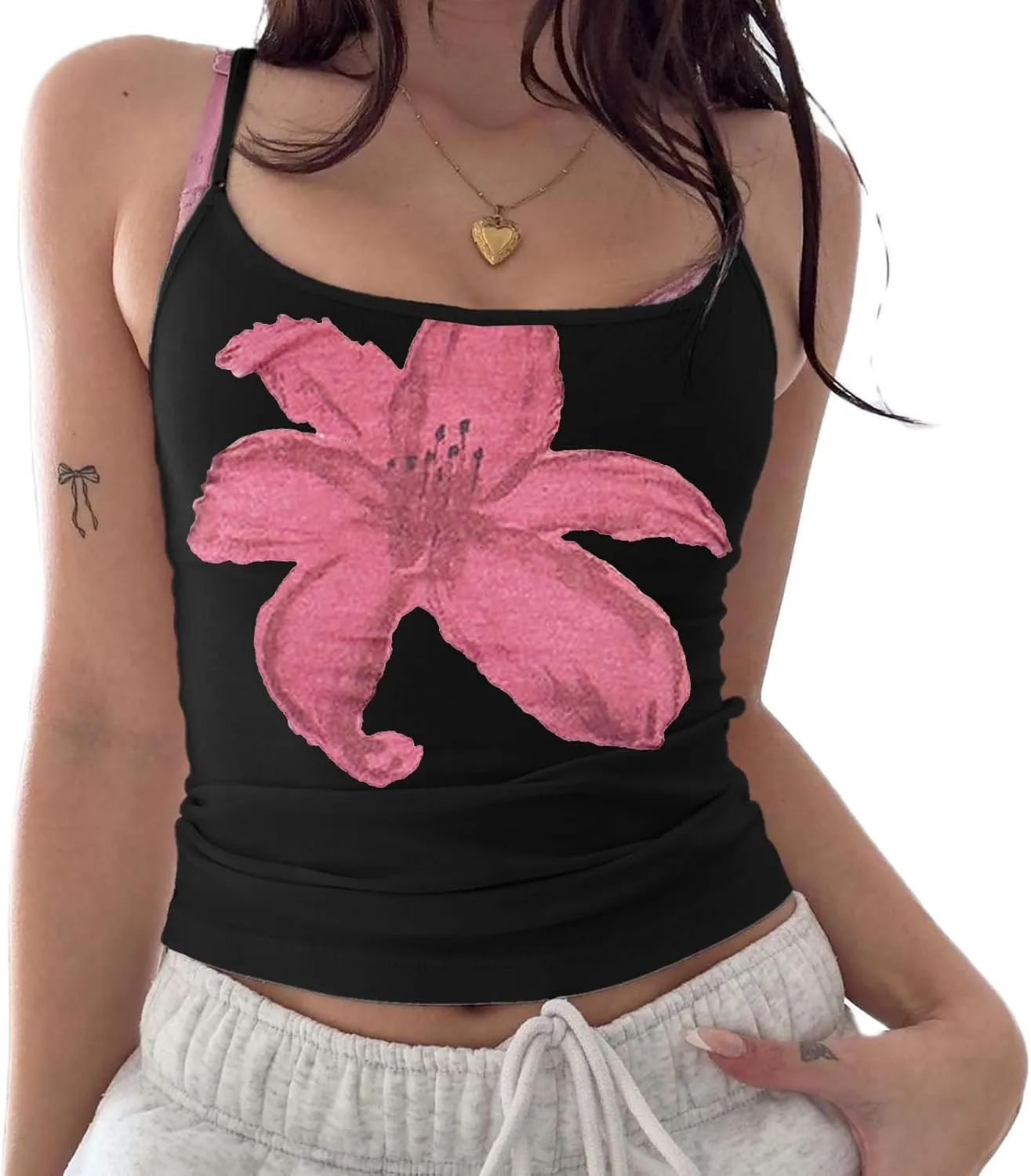Women Y2k Floral Print Cami Tank Top Scoop Neck Spaghetti Strap Camisole Slim Fit Crop Vintage Going Out Streetwear