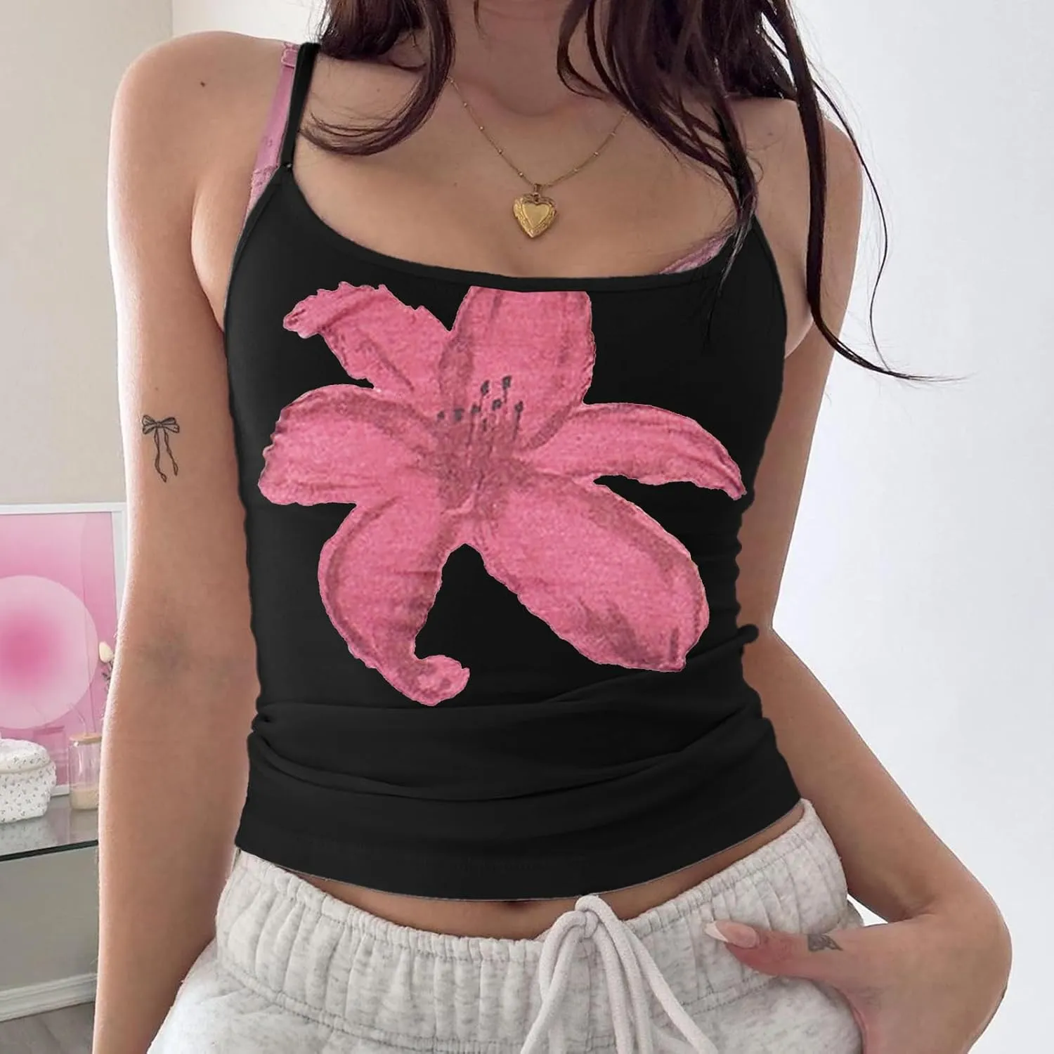 Women Y2k Floral Print Cami Tank Top Scoop Neck Spaghetti Strap Camisole Slim Fit Crop Vintage Going Out Streetwear
