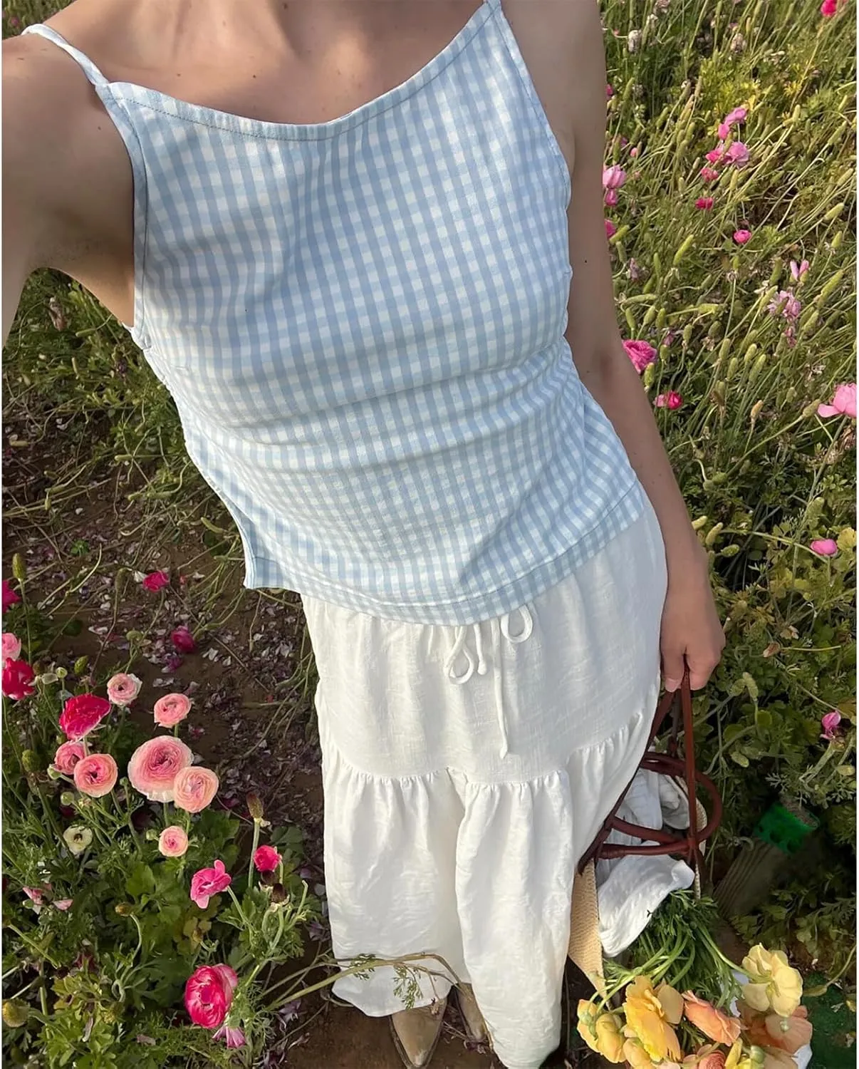 Women Y2K Printed Crop Top Square Neck Sleeveless Gingham Ruffle Runched Camisole Summer Backless Cami Tank Vest